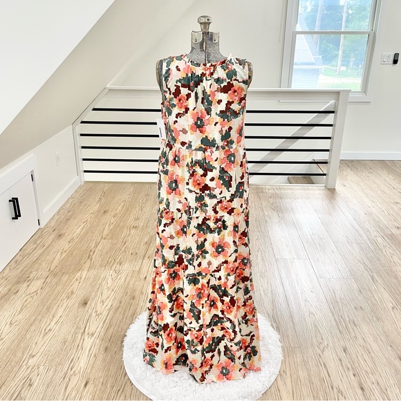 NWT M L pink gray white flowy sleeveless bohemian maxi dress w/pockets - Picture 5 of 7